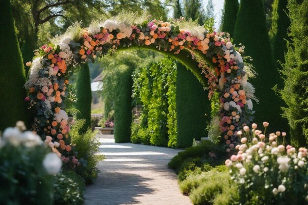 Foto un túnel de flores está rodeado de vegetación