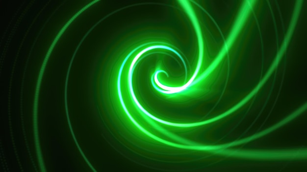 Túnel de fondo verde brillante y brillante abstracto con líneas voladoras de partículas de energía y rayos de luz