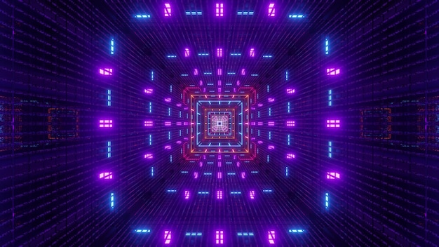 Túnel de forma cuadrada futurista con adornos geométricos simétricos que brillan con luces de neón de colores