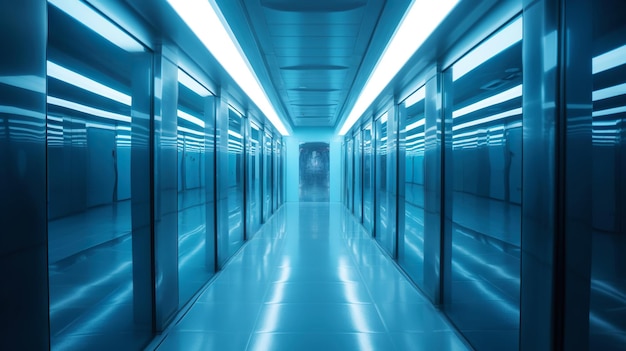 Túnel futurista abstracto azul con líneas de neón IA generativa