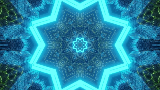 Túnel futurista com fundo geométrico abstrato com buracos em forma de estrela e caleidoscópico em luzes de néon azuis e verdes brilhantes
