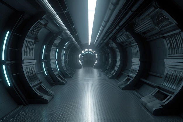 Túnel futurista de ficção científica com luzes neon e pisos refletivos