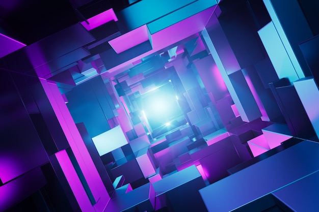 Túnel futurista de ficção científica iluminado por neon. Ilustração 3D do conceito
