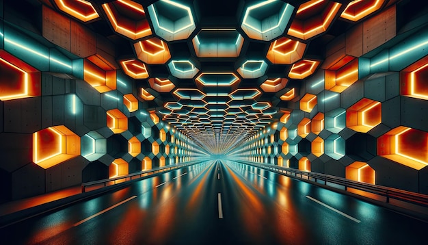 túnel futurista iluminado por luces hexagonales en tonos vibrantes que crean un efecto de alta velocidad túnel futurístico iluminado luces Hexagonales arquitectura de velocidad vibrante diseño moderno