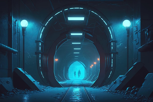 Túnel futurista iluminado con neón azul helado entorno sombrío entorno urbano decoración de pared cyberpunk En una ciudad futura hay una zona industrial Ilustración fotorrealista