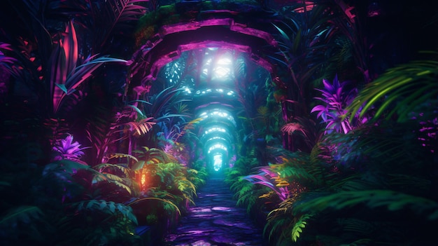 Túnel futurista en la jungla con árbol de luces de neón.