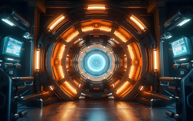 Un túnel futurista con luces y un círculo azul.