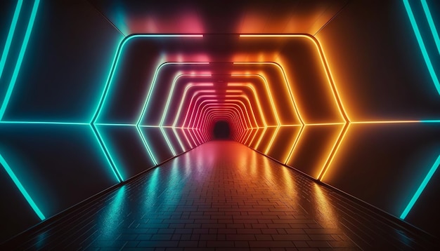 Foto un túnel futurista con luces de neón y ia generativa de iluminación láser y fluorescente