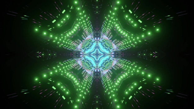 Túnel futurista de neón con patrón simétrico en color verde y azul como ilustración 3d