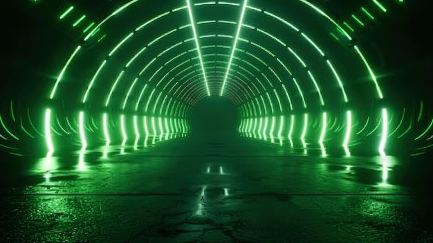 Túnel futurista oscuro con luz de neón verde dentro de un garaje o pasillo moderno interior de una habitación subterránea Concepto de construcción de almacén de fondo de estudio