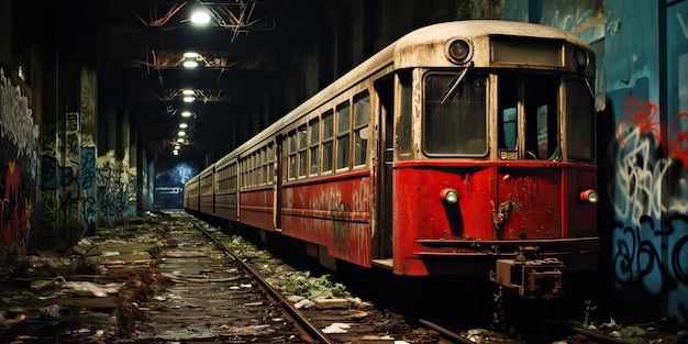 Túnel gerador de IA Túnel subterrâneo abandonado com estação de trem subterrânea com trilho de trem usado antigo Graffiti arte de rua cultura crime vibe Ilustração de arte gráfica