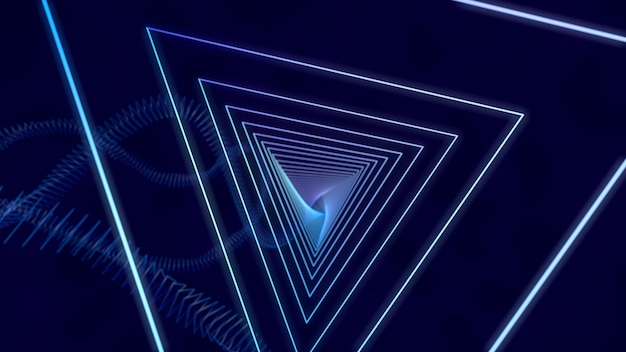 Un túnel hecho de triángulos brillantes. Fondo moderno abstracto dinámico. Ilustración 3D, representación 3D.