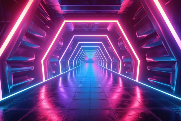Túnel hexagonal de neón futurista abstracto con líneas de luz brillantes