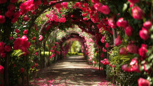 Tunel hipnotizante criado com rosas vibrantes