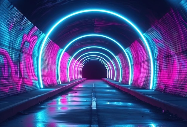 túnel con iluminación azul y rosa en el estilo de la estética vintage