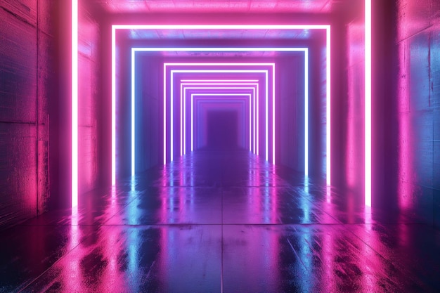 Túnel iluminado a neon com corredor longo