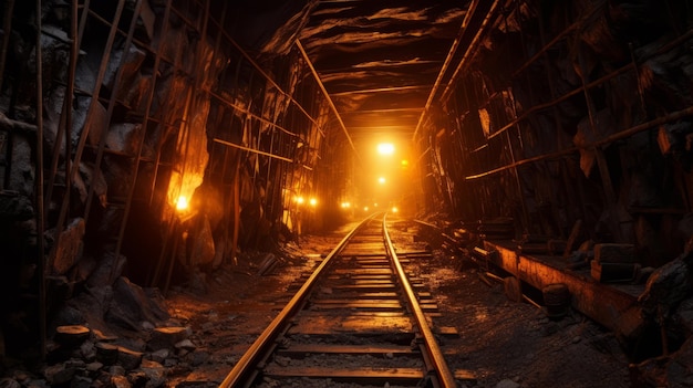 Túnel iluminado y barandilla para mineros