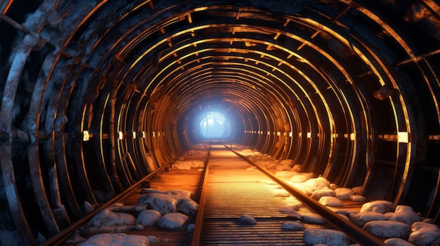Foto túnel iluminado e gradeado para mineiros
