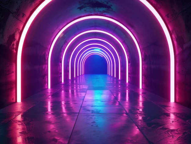 Túnel iluminado por néon com luzes roxas e roxas Luzes de néon vibrantes alinham o teto arqueado de um túnel lançando tons roxos e rosados em pisos de telhas brilhantes criando uma passarela futurista