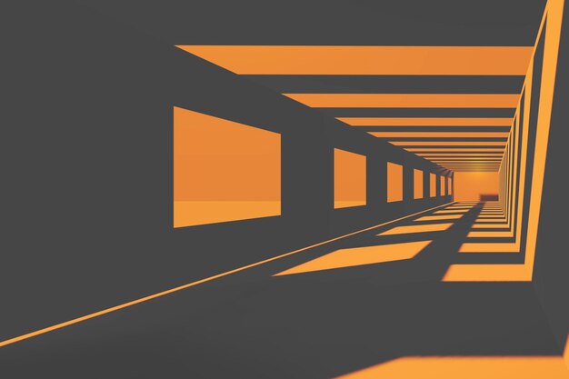 Túnel laranja escuro com janelas e sombras duras de renderização 3d