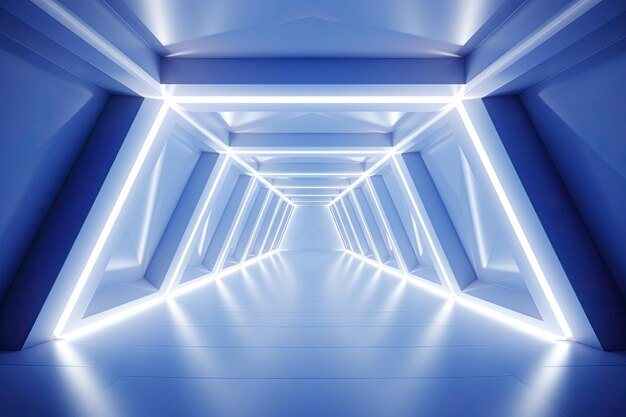 Foto túnel largo de forma poligonal de color azul neón brillante con luz al final