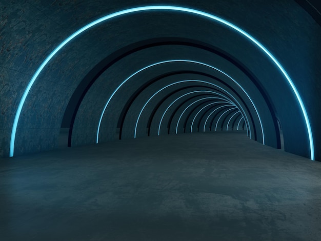 Túnel largo y oscuro con luz futurista