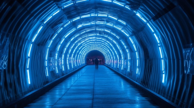 Un túnel con luces azules y una luz azul.