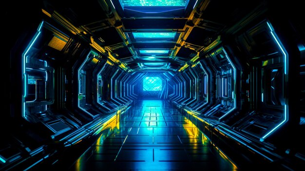 Túnel con luces brillantes en el medio del túnel es luz azul y amarilla IA generativa