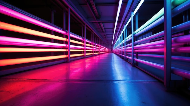 Un túnel de luces con luz roja, azul y amarilla.