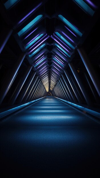 Un túnel con luces moradas y una luz azul en el techo.