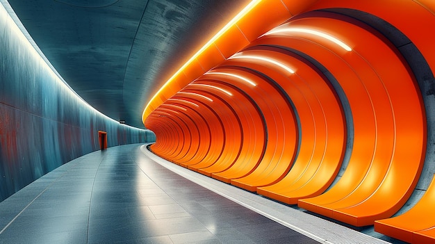 un túnel con luces naranjas y amarillas y una pared naranja