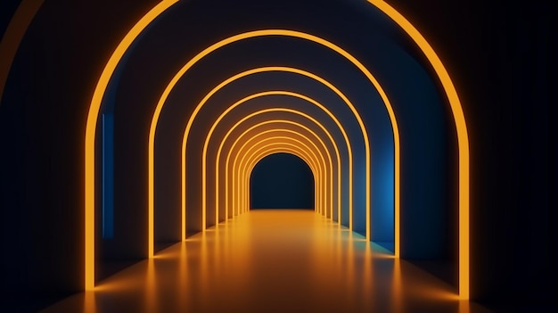 Un túnel con luces naranjas y fondo azul.