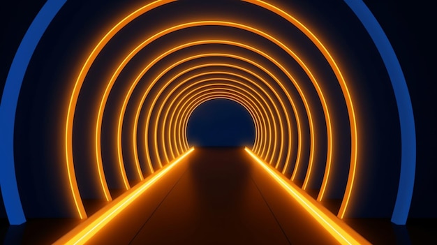 Un túnel con luces naranjas y fondo negro.