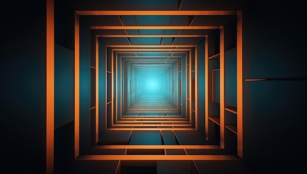 Un túnel con luces naranjas y una luz azul.