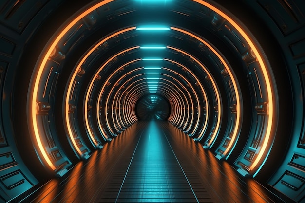 Un túnel con luces naranjas y una luz azul.