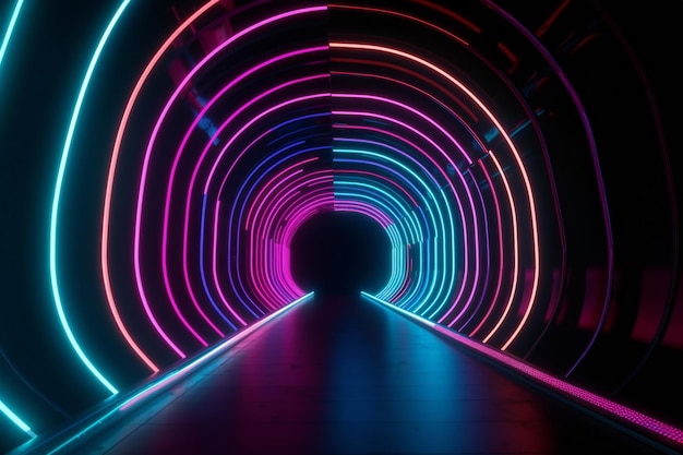 Un túnel de luces de neón con un fondo oscuro
