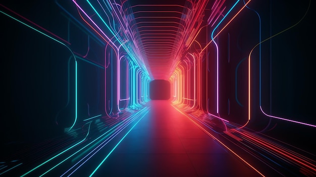 Un túnel con luces de neón y una luz azul y roja.