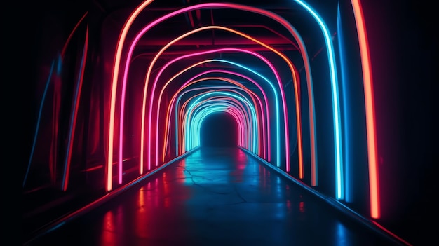 Un túnel de luces de neón con una luz azul y rosa.