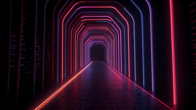 Un túnel con luces de neón y un túnel con un fondo oscuro.