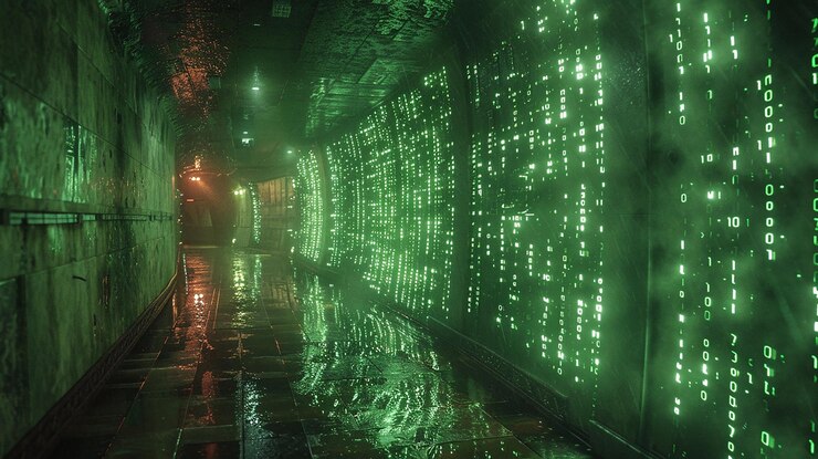 Foto un túnel con luces verdes y una luz verde que dice la palabra en él
