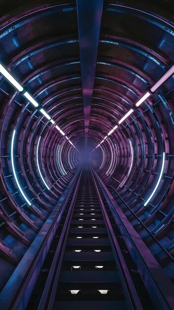 Foto un túnel de metal sin fin con luces de neón