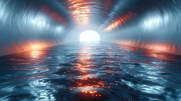 Foto túnel metálico futurista com reflexos de água e brilho do pôr-do-sol