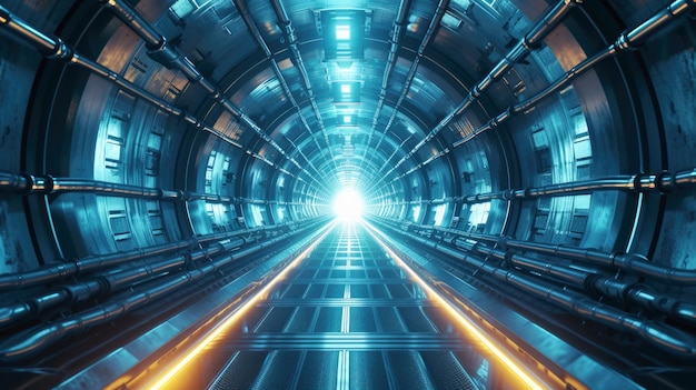 Túnel metálico futurista vista en perspectiva de fondo de un corredor moderno tubo industrial subterráneo para el transporte en el futuro Concepto de tecnología carretera de la industria del metro