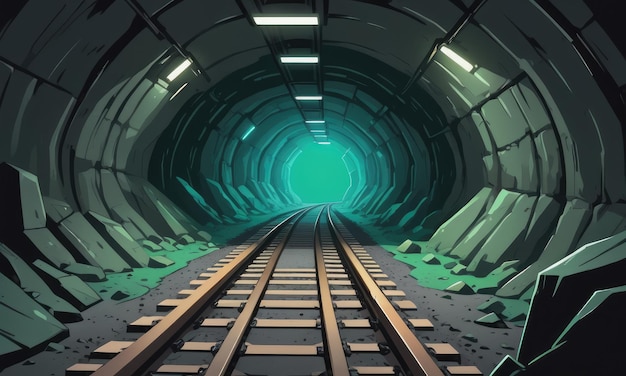 Foto túnel de la mina de esmeralda dentro de la cueva con ferrocarril