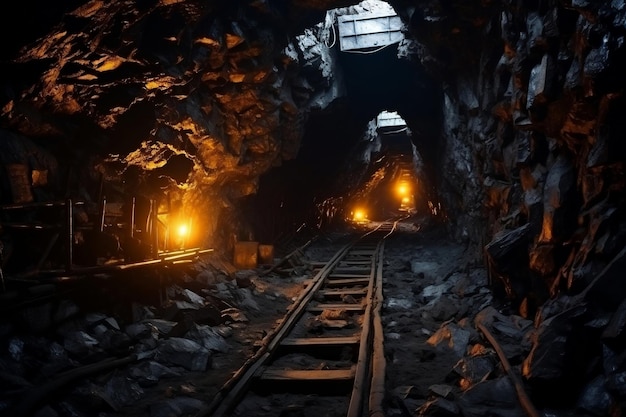 Foto túnel de mineral subterráneo de mina de carbón con riel minero ai generativo