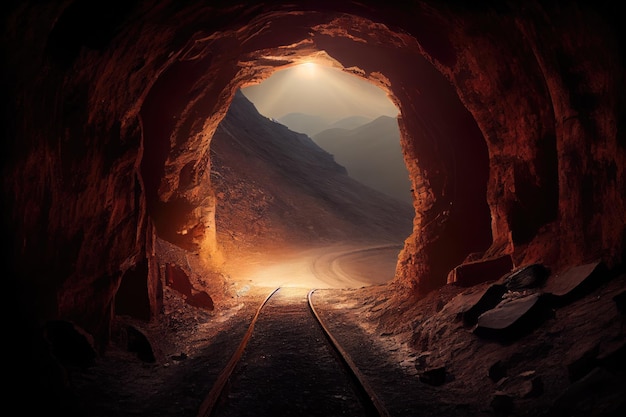 Túnel minero con luces que iluminan el camino y una vista de la superficie de arriba