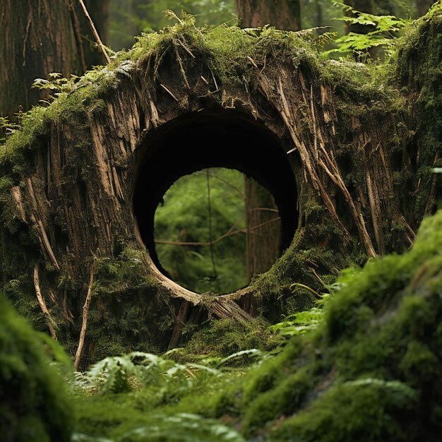 Túnel na floresta com musgo e samambaias