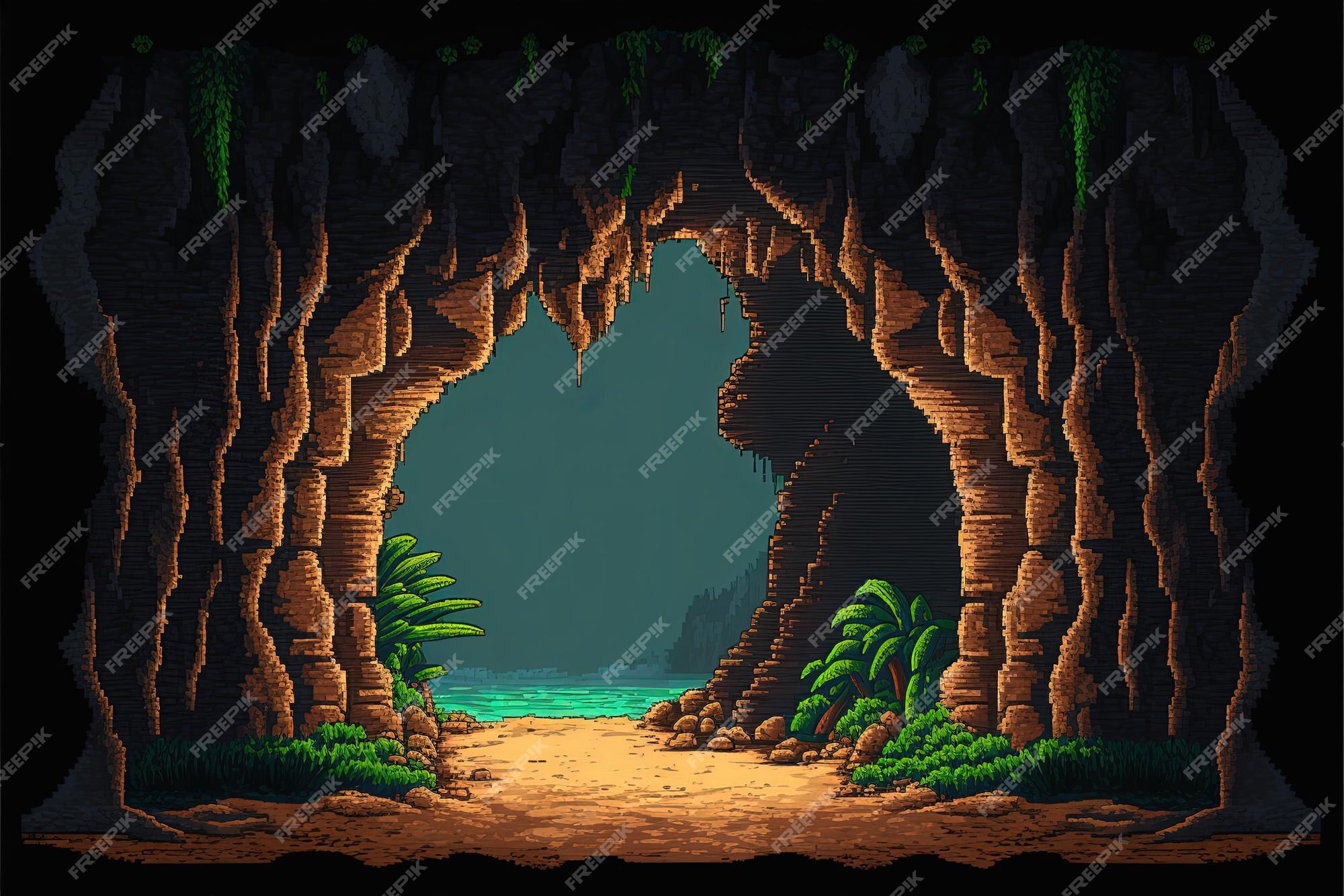 Paisagem natural pixelada com homem das cavernas perto de bônus de