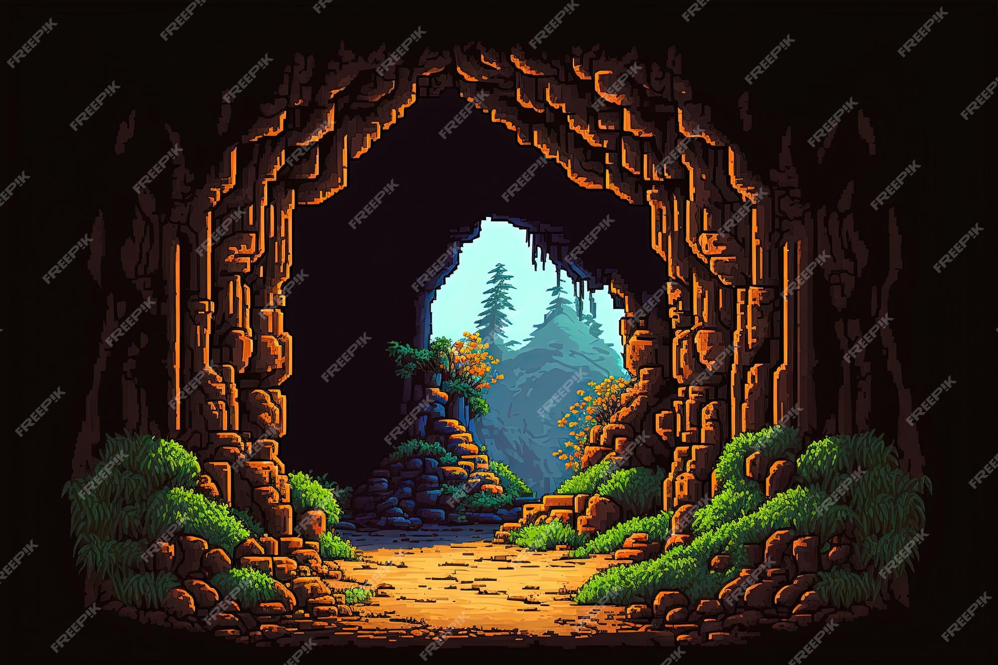 Paisagem natural pixelada com homem das cavernas perto de bônus de