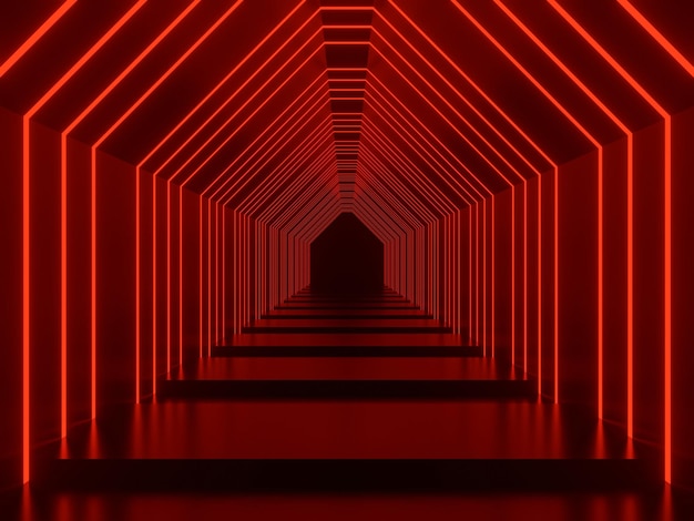 Túnel negro 3D con luces de neón rojas